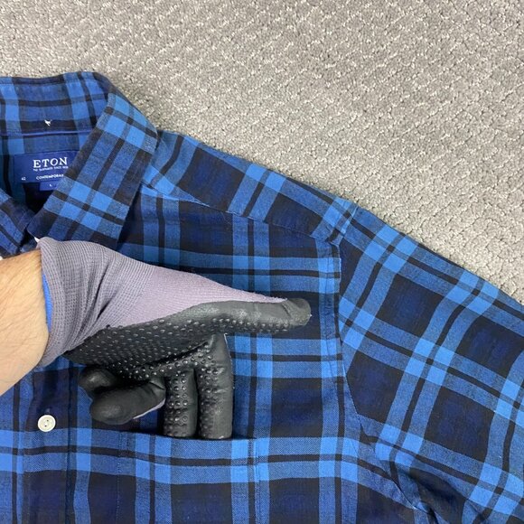 Eton Flannel Shirt Large 42 16.5 Blue Contemporary Fit Lightweight Plaid Indigo - Picture 3 of 13